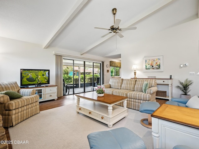 257 Sweet Bay Ave, New Smyrna Beach, FL 32168 - living area featuring wood finished floors, beamed ceiling, ceiling fan, and high vaulted ceiling