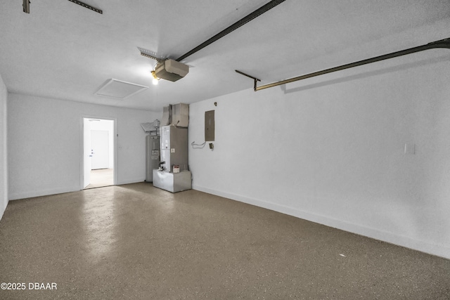 garage with heating unit, electric water heater, electric panel, and a garage door opener