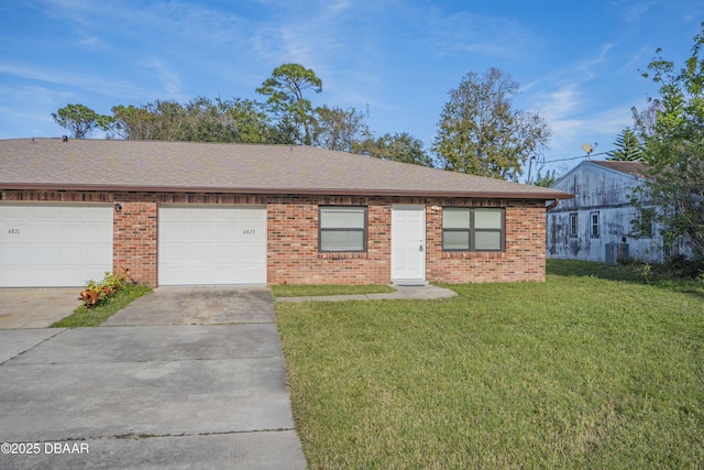 single story home featuring a front yard, a garage, and central air condition unit