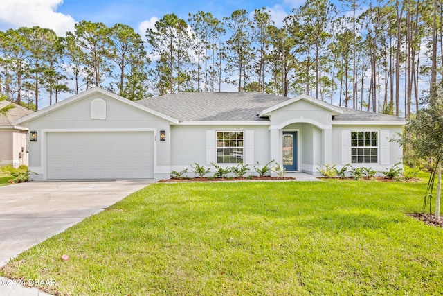 ranch-style house with a garage and a front yard