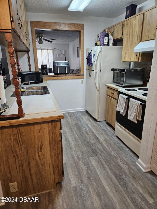 kitchen with hardwood / wood-style floors, a textured ceiling, ceiling fan, and white range with electric stovetop