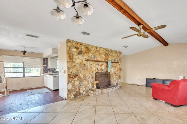 4519 Saxon Dr, New Smyrna Beach, FL 32169 - unfurnished living room with a ceiling fan and light tile patterned flooring
