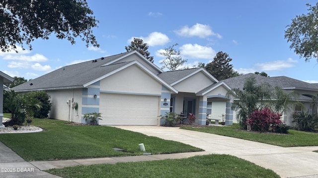 5988 Heron Pond Dr, Port Orange, FL 32128 - ranch-style home with an attached garage, stucco siding, a front lawn, concrete driveway, and roof with shingles