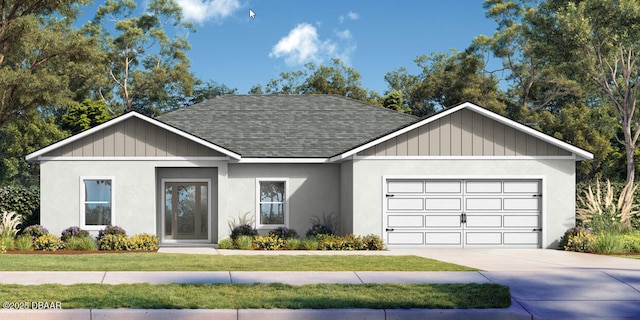 407 Palm Dr, New Smyrna Beach, FL 32168 - ranch-style home with roof with shingles, an attached garage, concrete driveway, and a front lawn