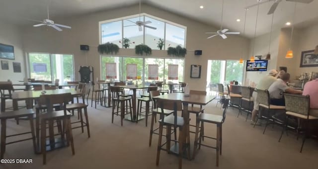 dining area featuring a high ceiling, plenty of natural light, and light carpet