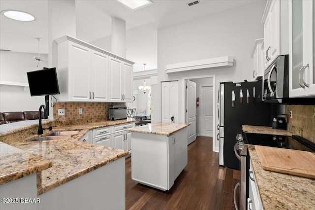 5935 Shady Creek Ln, Port Orange, FL 32128 - kitchen featuring appliances with stainless steel finishes, a sink, a center island, white cabinets, and light stone counters