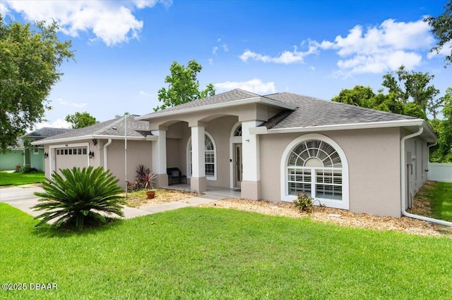 5935 Shady Creek Ln, Port Orange, FL 32128 - ranch-style house with an attached garage, stucco siding, a front yard, and a shingled roof