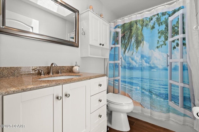 5935 Shady Creek Ln, Port Orange, FL 32128 - full bath with toilet, vanity, wood finished floors, and a shower with curtain