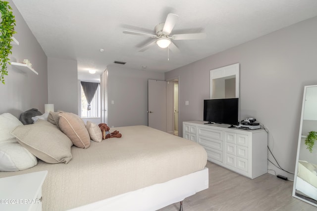 bedroom featuring ceiling fan and light hardwood / wood-style flooring