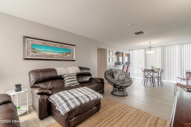 living room featuring plenty of natural light, light wood-type flooring, and a textured ceiling