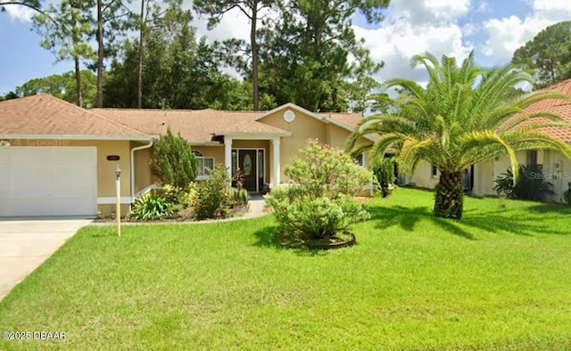 20 Barkley Ln, Palm Coast, FL 32137 - ranch-style house with a garage, driveway, a front yard, and stucco siding