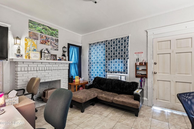 tiled living room featuring ornamental molding and a brick fireplace