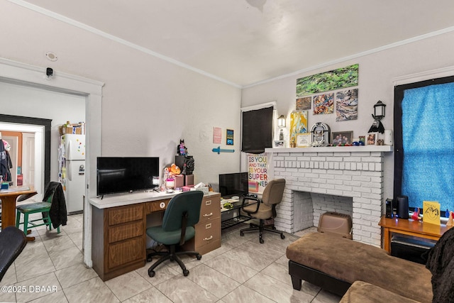 tiled office with a brick fireplace and ornamental molding