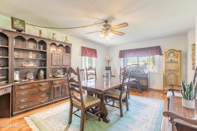 dining room featuring a wealth of natural light, light hardwood / wood-style flooring, ceiling fan, and a textured ceiling