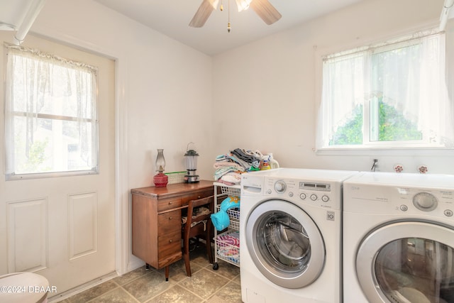 clothes washing area with ceiling fan, light tile patterned floors, and independent washer and dryer