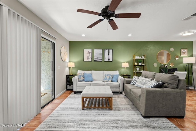 140 Limewood Pl Unit 3, Ormond Beach, FL 32174 - living area with a ceiling fan, recessed lighting, and tile patterned flooring