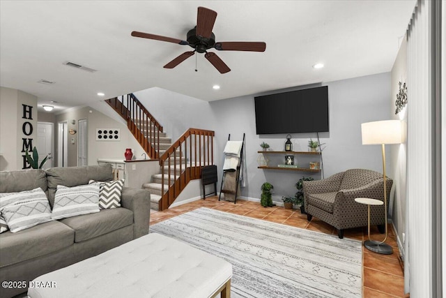 140 Limewood Pl Unit 3, Ormond Beach, FL 32174 - living room featuring light tile patterned floors, stairs, ceiling fan, recessed lighting, and baseboards