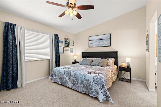 140 Limewood Pl Unit 3, Ormond Beach, FL 32174 - bedroom featuring carpet floors, baseboards, vaulted ceiling, and a ceiling fan