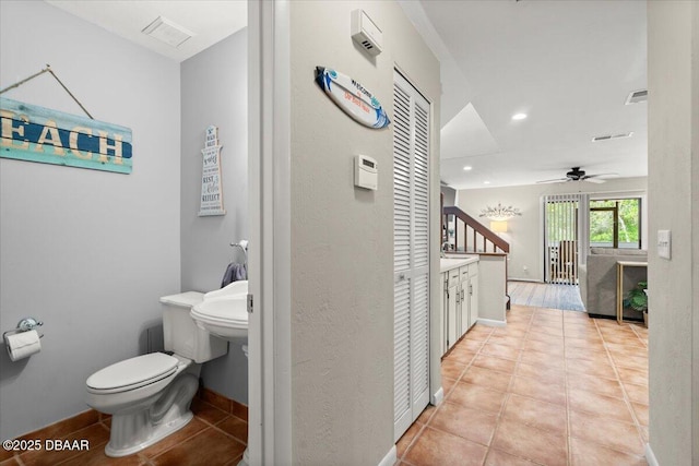 140 Limewood Pl Unit 3, Ormond Beach, FL 32174 - bathroom featuring tile patterned floors, toilet, ceiling fan, and recessed lighting