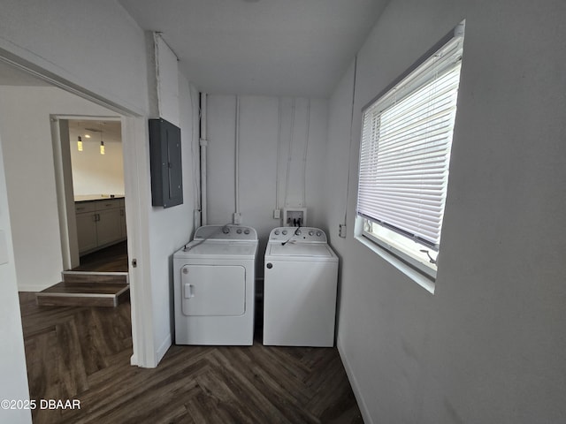 laundry area featuring electric panel, washer and clothes dryer, and dark parquet floors