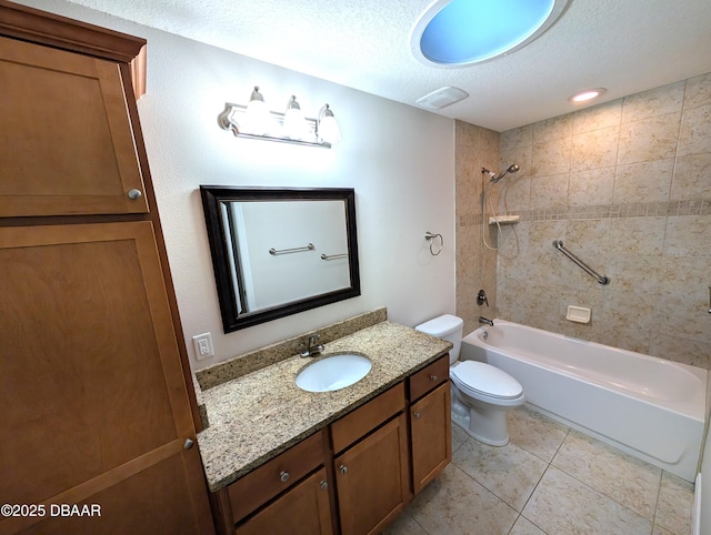 full bath with a textured ceiling, tile patterned flooring, toilet, vanity, and  shower combination