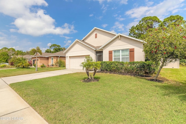 ranch-style home featuring concrete driveway, a garage, a front lawn, and stucco siding