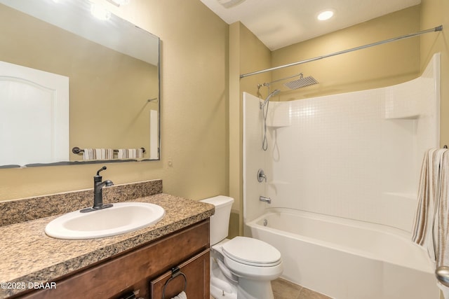 full bathroom with visible vents, toilet, shower / bathing tub combination, tile patterned flooring, and vanity