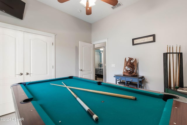 recreation room featuring ceiling fan and billiards