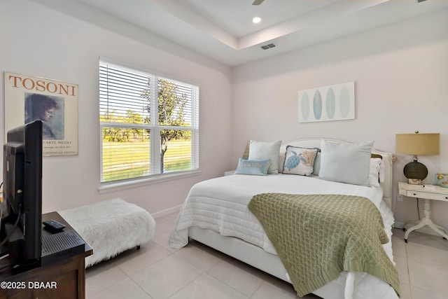 tiled bedroom with baseboards, visible vents, and recessed lighting