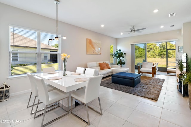 dining area with visible vents, a wealth of natural light, recessed lighting, and ceiling fan
