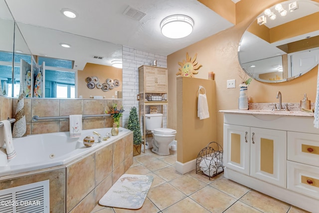 full bathroom featuring tile patterned flooring, toilet, visible vents, vanity, and a whirlpool tub