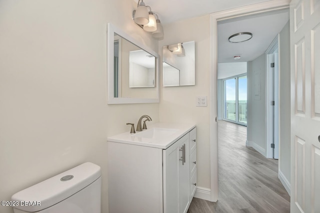 bathroom with hardwood / wood-style flooring, vanity, and toilet