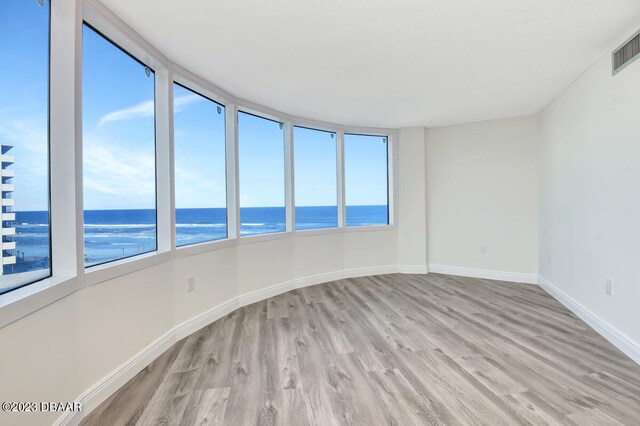 spare room with light wood-type flooring, a healthy amount of sunlight, and a water view