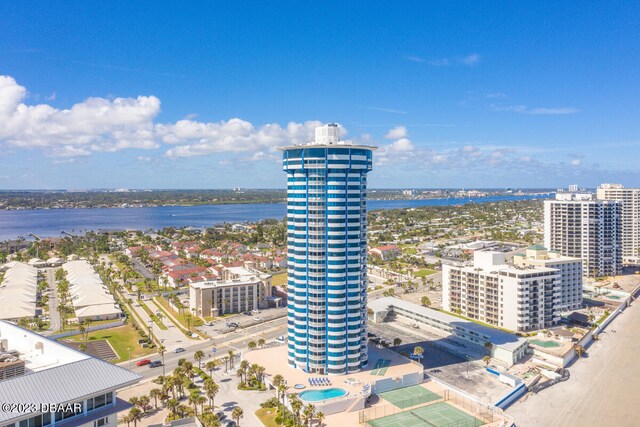 birds eye view of property featuring a water view