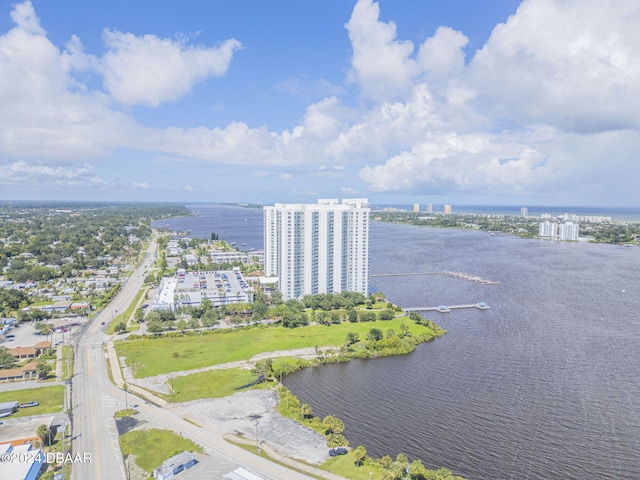 drone / aerial view with a water view