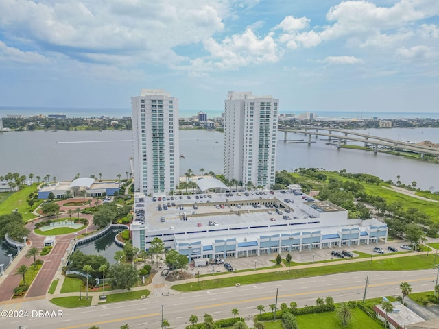 birds eye view of property featuring a water view