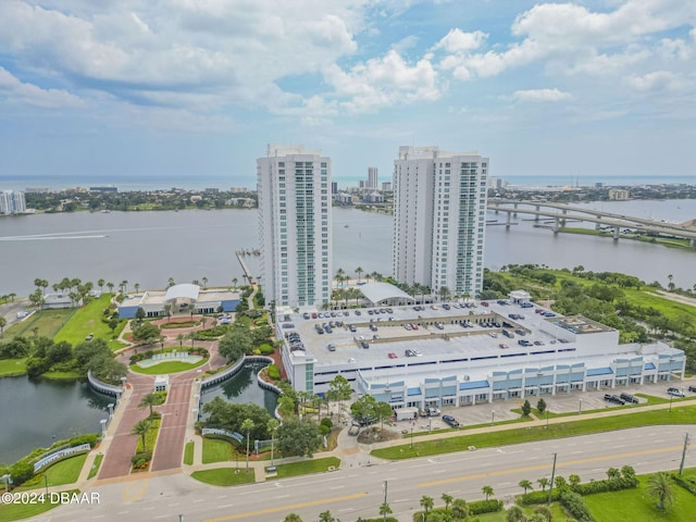 drone / aerial view with a water view