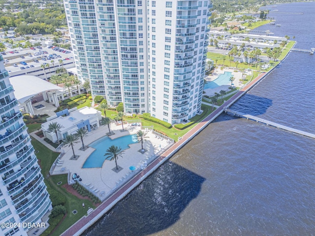 231 Riverside Dr Unit 2601-1, Daytona Beach, FL 32117 - aerial view of a pool area, apartment complex / building, and a large body of water