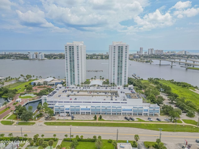 birds eye view of property featuring a water view