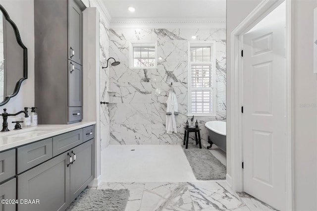 bathroom featuring vanity, plus walk in shower, and ornamental molding