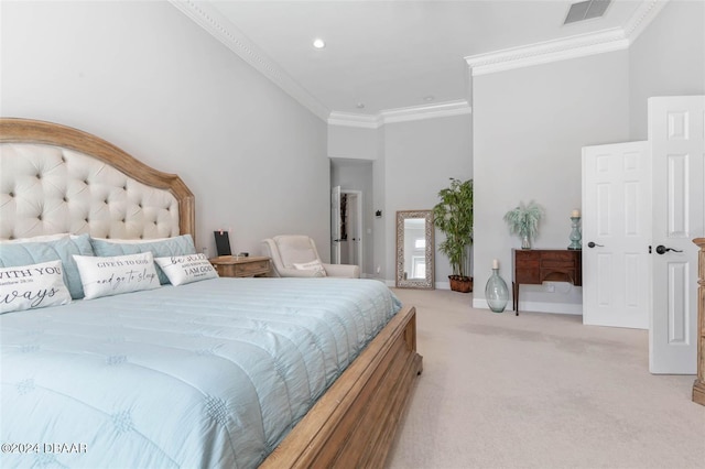 bedroom featuring light carpet and crown molding