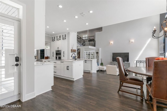 kitchen featuring sink, dark hardwood / wood-style flooring, white cabinetry, and a kitchen island with sink