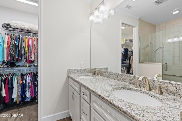 bathroom featuring vanity and a shower with shower door