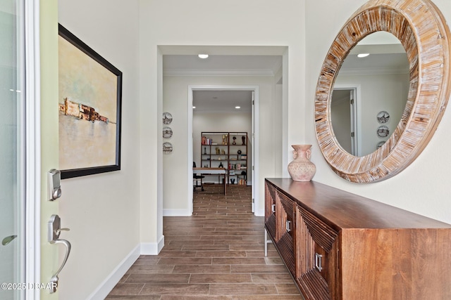 corridor featuring crown molding