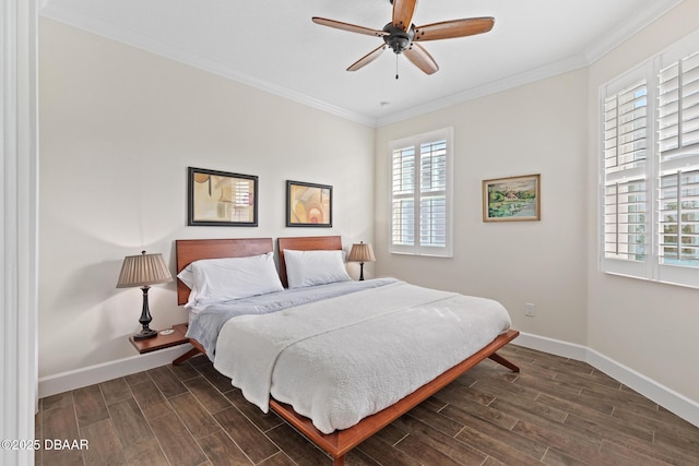 bedroom featuring ceiling fan and ornamental molding