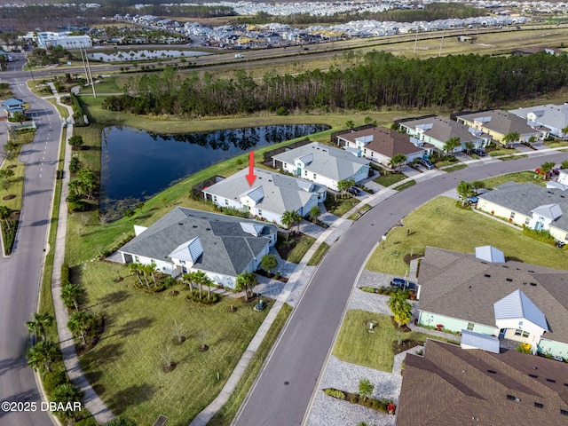 drone / aerial view featuring a water view