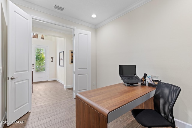 office space with crown molding