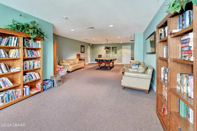 recreation room with billiards and carpet