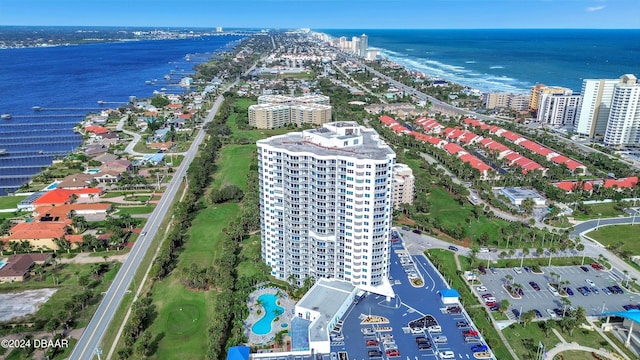 bird's eye view with a water view