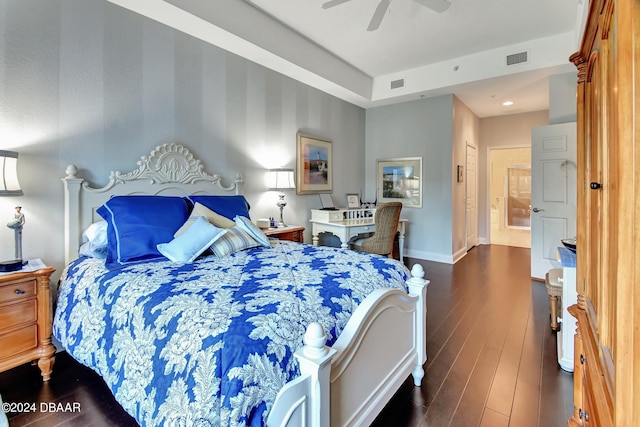 2 Oceans W Blvd Unit 204, Daytona Beach Shores, FL 32118 - bedroom featuring dark wood-style floors, baseboards, recessed lighting, and a ceiling fan